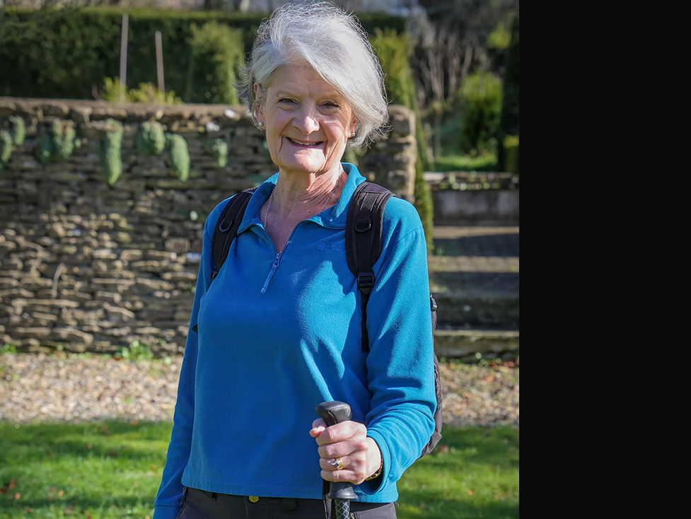 Dame Fiona Reynolds heading out for a country walk with walking pole