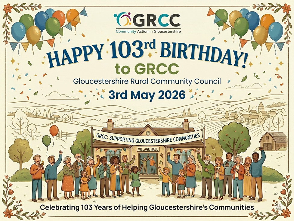 Happy 103rd Birthday GRCC birthday card, featuring a cartoon drawing of villagers outside a village hall with a banner and balloons