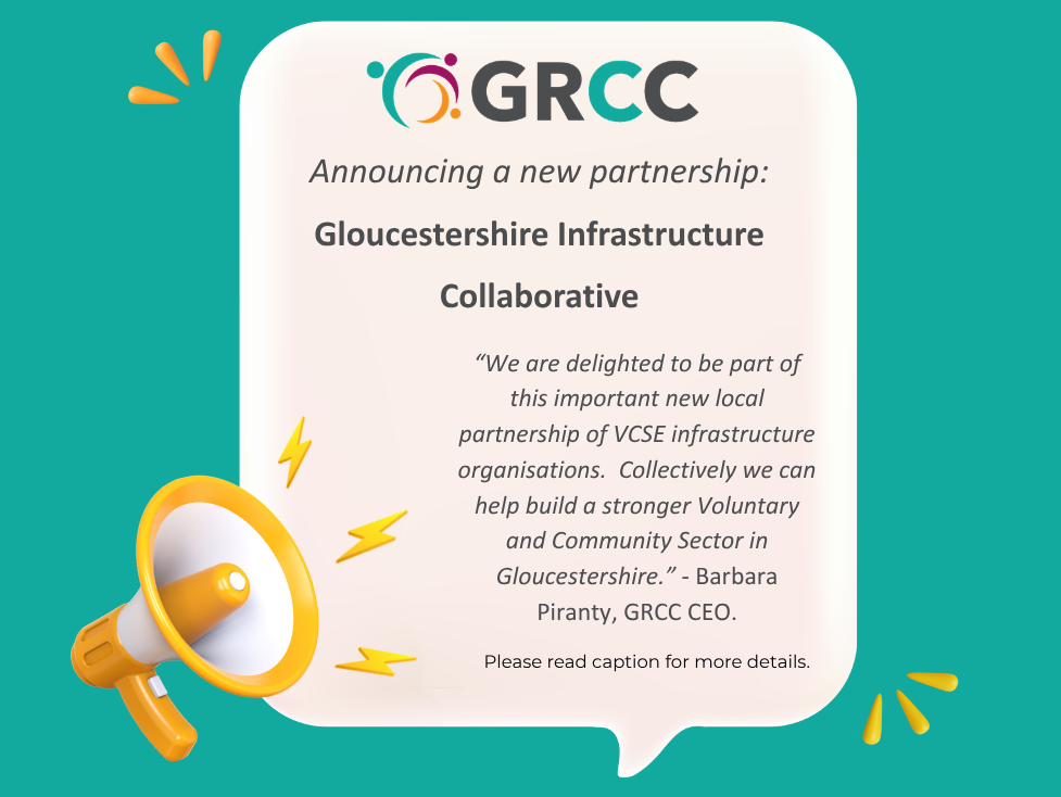 Image of a megaphone, GRCC logo, text saying Announcing Gloucestershire Infrastructure Collaborative - a new partnership, plus a quote from the GRCC CEO which is also in the news article